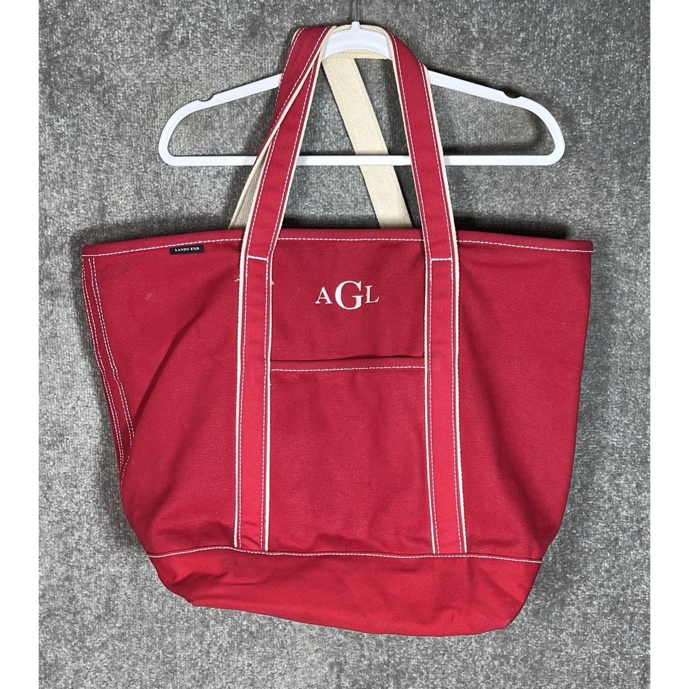 Lands End Red Canvas Boat Tote Bag AGL Monogram Pool Beach Shopper Large Cotton